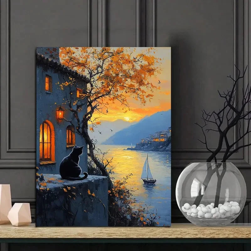 Black Cat by the Sea Sunset Painting 40x60cm Metal Print Ready to Hang