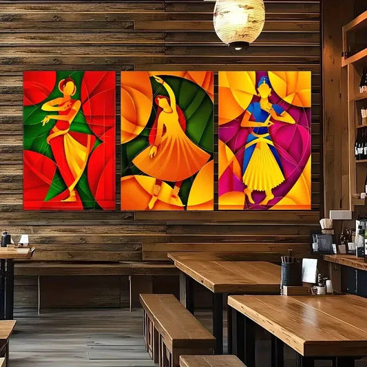 3pcs Indian Female Dancer Colorful Traditional Metal Print Ready to Hang Art