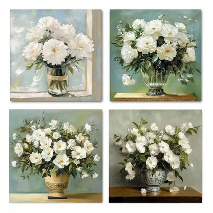 4pcsElegant White Peony FlowerWall Art Canvas Framed