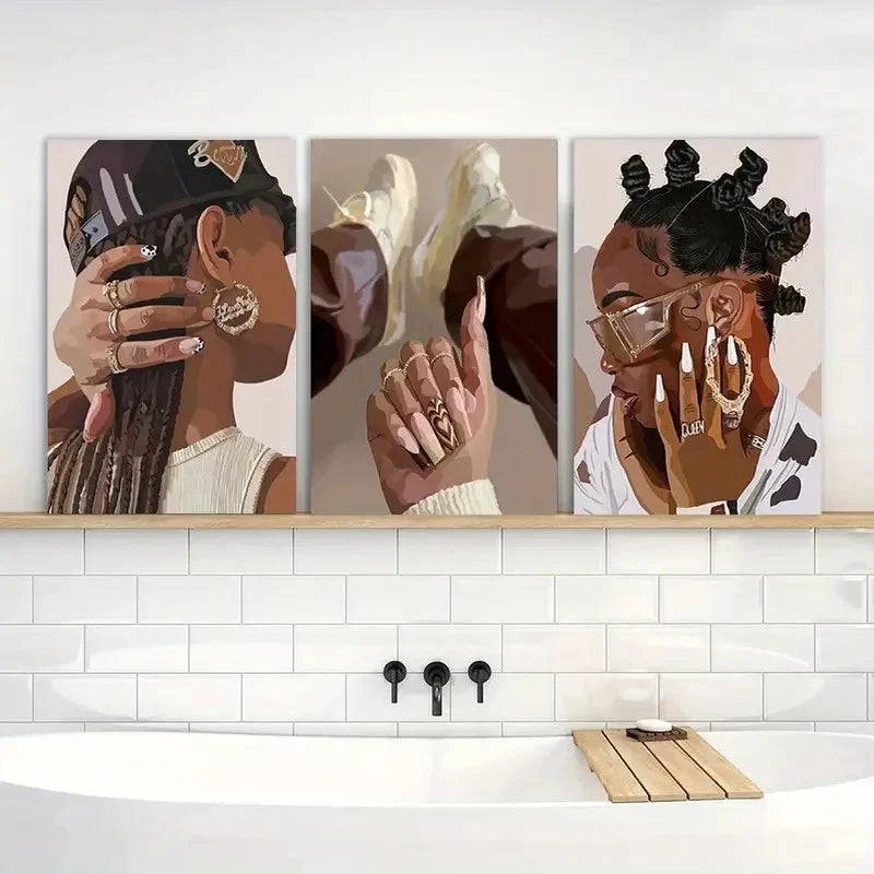 3pcs Painting Black Girl Wall Art Decor Posters Metal Print Ready to Hang Art