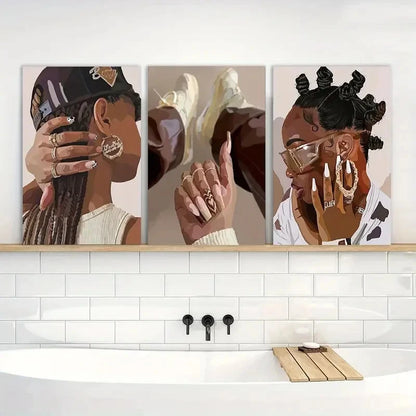 3pcs Painting Black Girl Wall Art Decor Posters Metal Print Ready to Hang Art