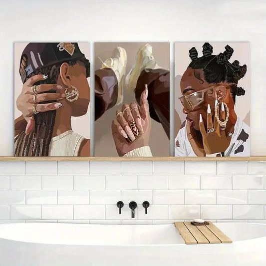 3pcs Painting Black Girl Wall Art Decor Posters Metal Print Ready to Hang Art