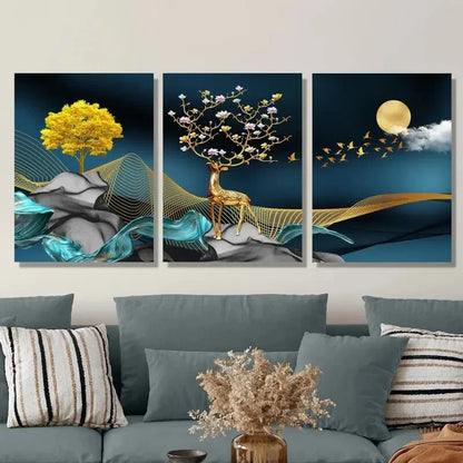 3pcs Flying Birds, Full Moon, Money Tree Metal Print Ready to Hang Art