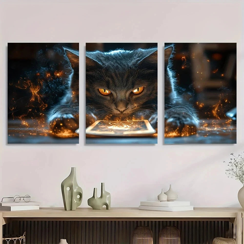 3pcs Black Cat Tarot Cat with Fiery Glow Metal Print Ready to Hang Art