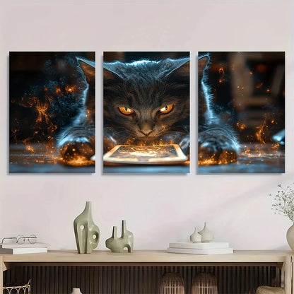 3pcs Black Cat Tarot Cat with Fiery Glow Metal Print Ready to Hang Art