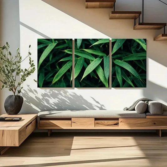 3pcs Green Bamboo Leaves Nature-Inspired Metal Print Ready to Hang Art