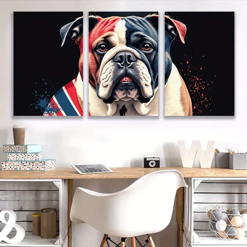 3pcs Bulldog Patriotic & British Flags Design A Wall Art Set Canvas Framed 40x60cm - High Quality Print 100% Australian Made Wall Canvas Ready to Hang