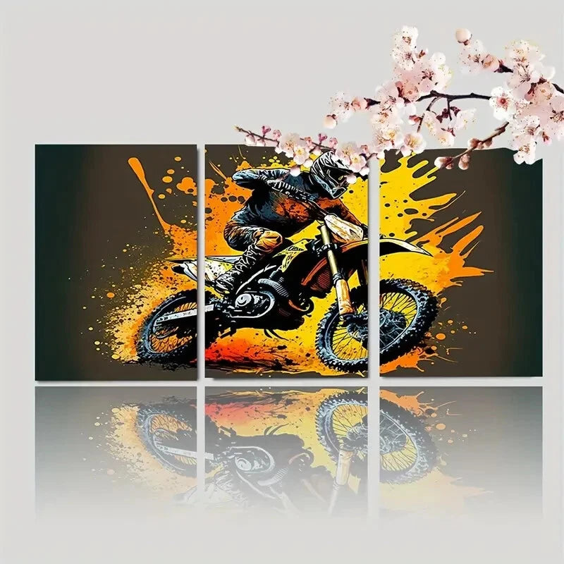 3pcs Yellow Motocross Canvas Painting Style Metal Print Ready to Hang Art