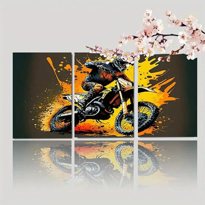 3pcs Yellow Motocross Canvas Painting Style Metal Print Ready to Hang Art