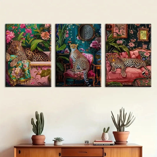 3pcs Three Cheetah Stylish Murals Perfect Wall Art Set Canvas Framed 40x60cm - High Quality Print 100% Australian Made Wall Canvas Ready to Hang