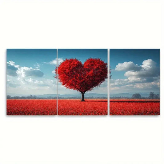 3pcs Romantic Heart Shaped Tree Red Meadow Scene Wall Art Set Canvas Framed 60x90cm - High Quality Print 100% Australian Made Wall Canvas Ready to Hang