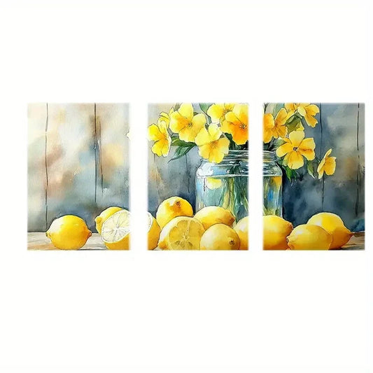 3pcs Abstract Vibrant Yellow Lemon & Floral Motifs Metal Print Ready to Hang Art
