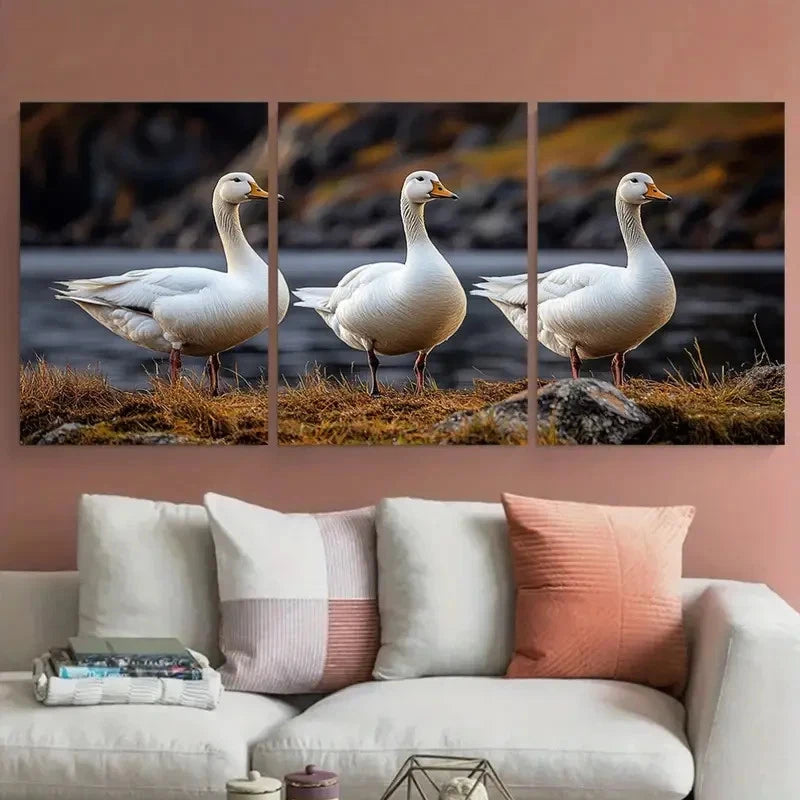 3pcs Three White Geese Farm Animals Illustration Metal Print Ready to Hang Art