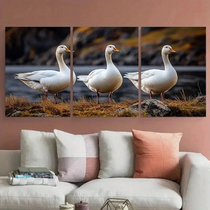 3pcs Three White Geese Farm Animals Illustration Metal Print Ready to Hang Art