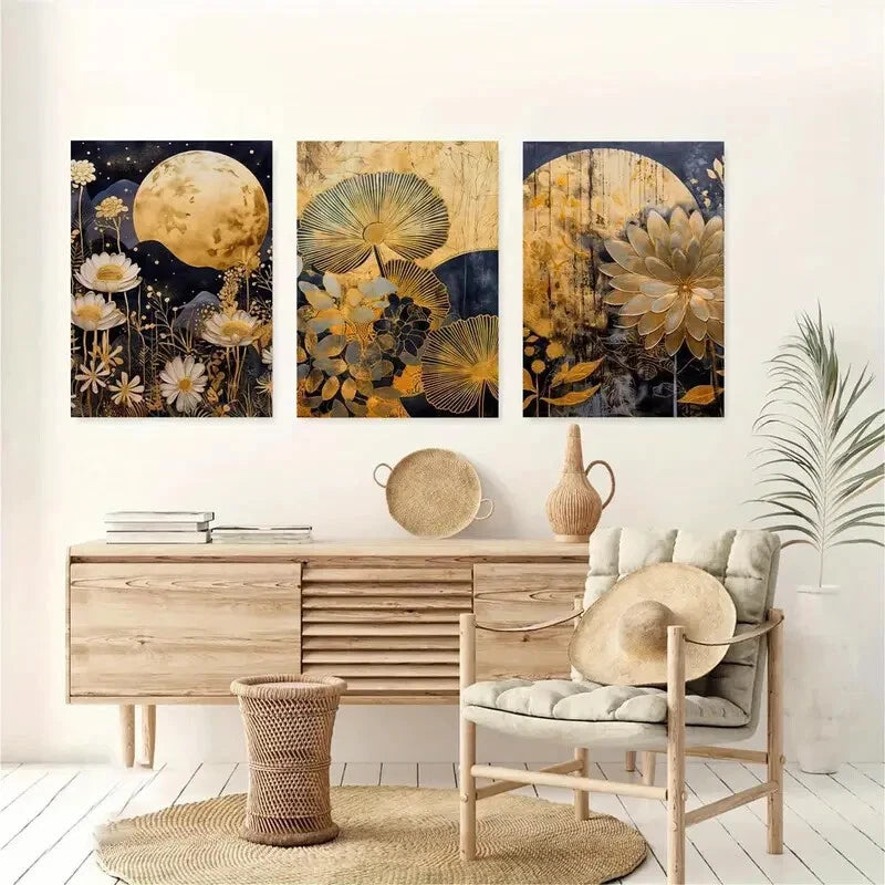 3pcs Modern Golden Moon and Flowers Theme Metal Print Ready to Hang Art