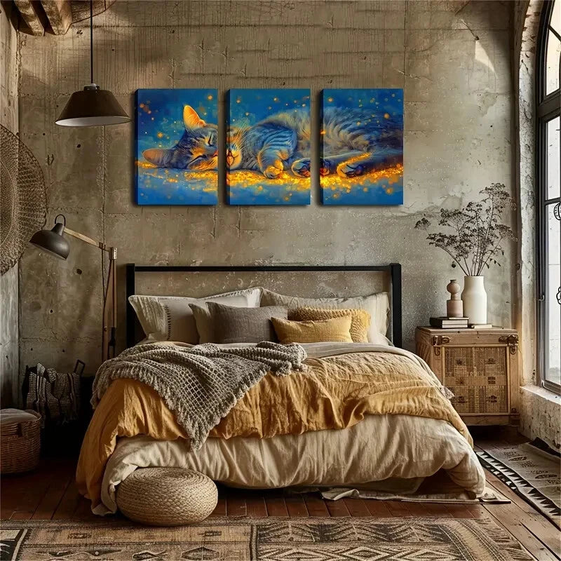 3pcs Resting Cat with Glowing Light Effect Metal Print Ready to Hang Art