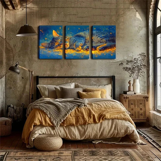 3pcs Resting Cat with Glowing Light Effect Metal Print Ready to Hang Art