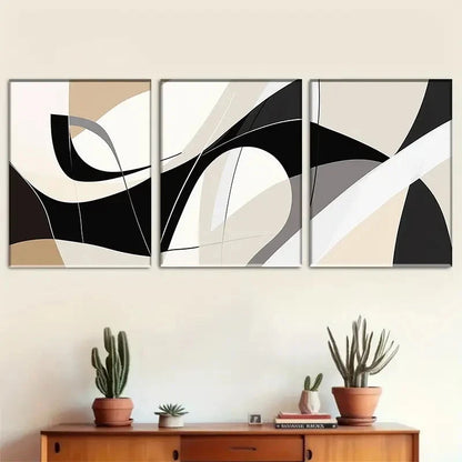 3pcs Black White and Beige Geometric Shapes Metal Print Ready to Hang Art