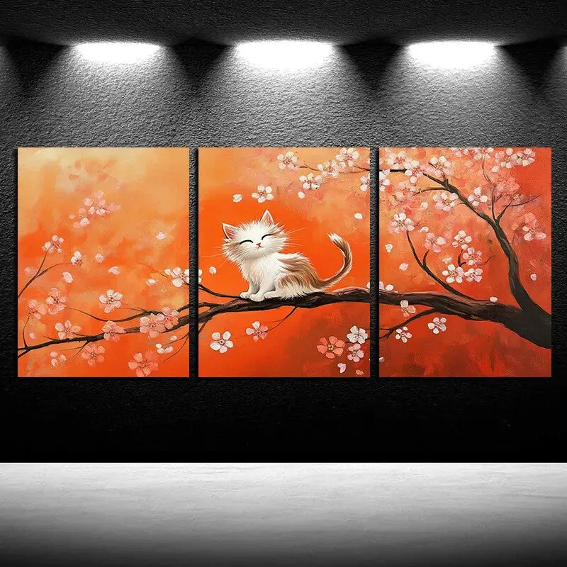 3pcs Vibrant Cat on the cherry Floral tree Metal Print Ready to Hang Art