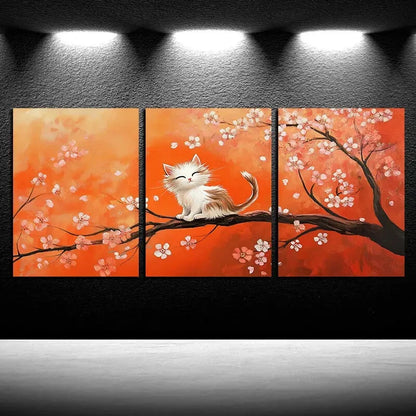 3pcs Vibrant Cat on the cherry Floral tree Metal Print Ready to Hang Art
