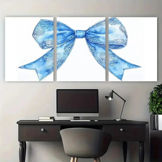 3pcs Blue lace Watercolor Nursery Vintage Bow Wall Art Set Canvas Framed 50x70cm - High Quality Print 100% Australian Made Wall Canvas Ready to Hang