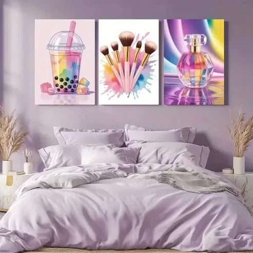 3pcs Bubble Tea, Makeup Brushes, Perfume Wall Art Canvas Unframed - High Quality Print 100% Australian Made Wall Canvas