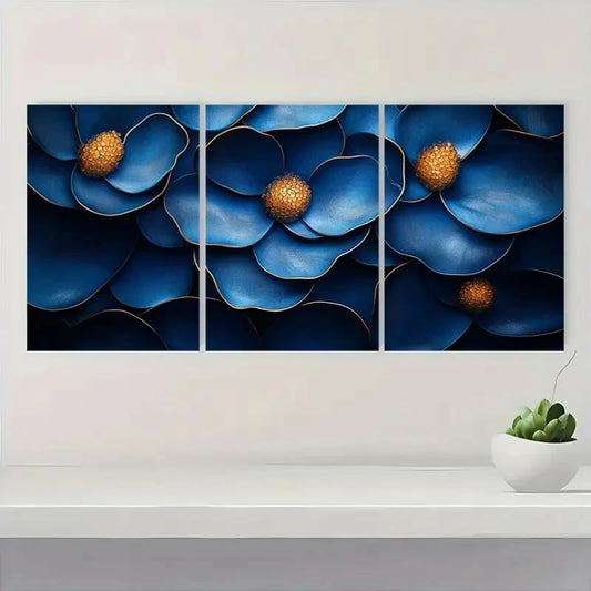 3pcs Design in Indigo & Honeycomb Tones Metal Print Ready to Hang Art