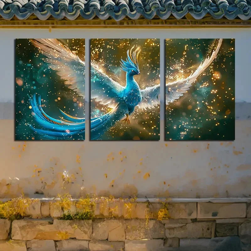 3pcs Vibrant Glowing Phoenix Illustration Metal Print Ready to Hang Art
