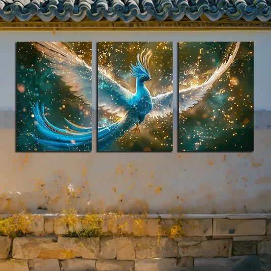 3pcs Vibrant Glowing Phoenix Illustration Metal Print Ready to Hang Art