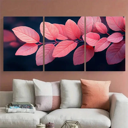 3pcs Pink Skeleton Leaves in Black Background Metal Print Ready to Hang Art