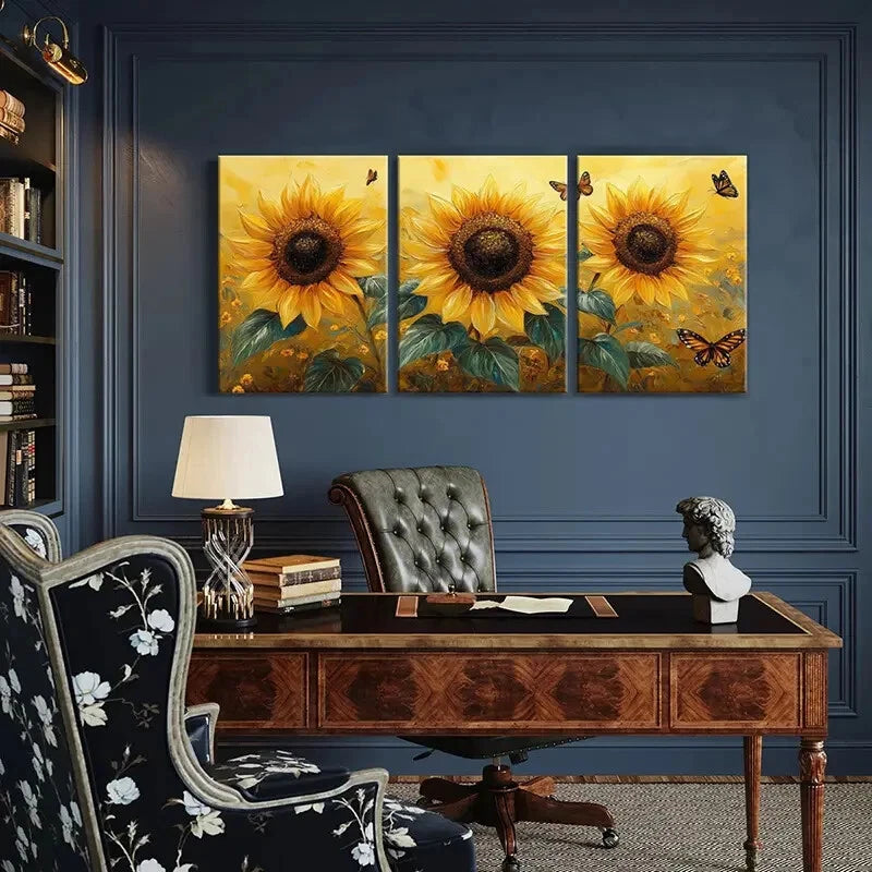 3pcs Sunflowers Butterflies Vibrant Colors Metal Print Ready to Hang Art