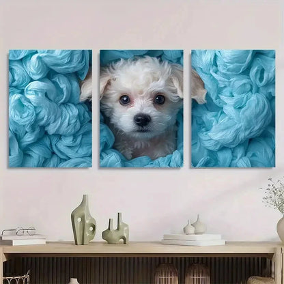 3pcs Whimsical Poodle Peeking Paper Rolls Metal Print Ready to Hang Art