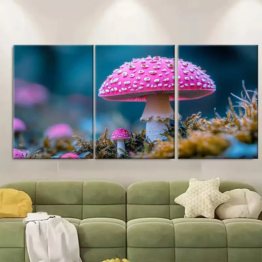 3pcs Pink Mushroom Dreamy Woodland Flowers Metal Print Ready to Hang Art