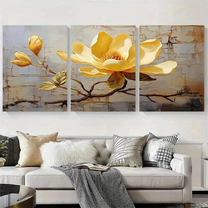3pcs Elegant Yellow Flower Branch Metal Print Ready to Hang Art
