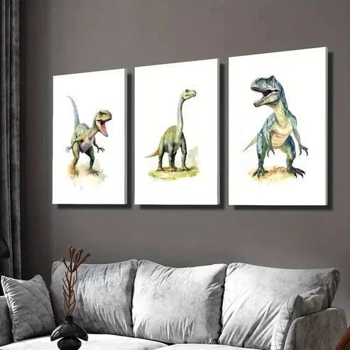 3pcs Tyrannosaurus Rex Velociraptor Illustration Wall Art Set Canvas Unframed - High Quality Print 100% Australian Made Wall Canvas