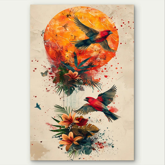 Vibrant Red Birds and Flowers Illustration 40x60cm Metal Print Ready to Hang