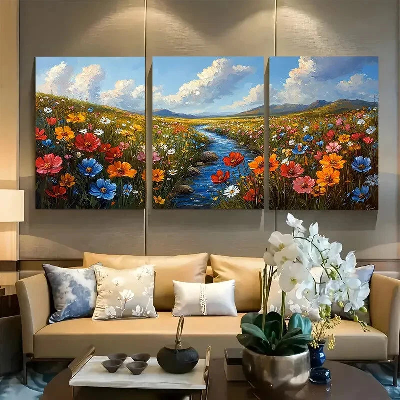 3pcs Colorful Spring Wildflower Stream Landscape Metal Print Ready to Hang Art