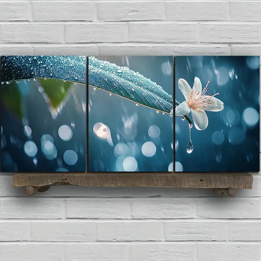 3pcs Leaves with Dewdrops Design Metal Print Ready to Hang Art