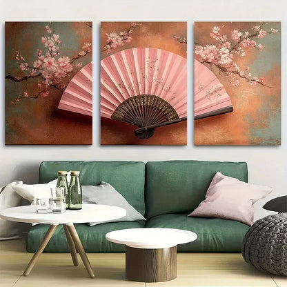 3pcs Pink Hand Fan Chinoiserie Design Metal Print Ready to Hang Art