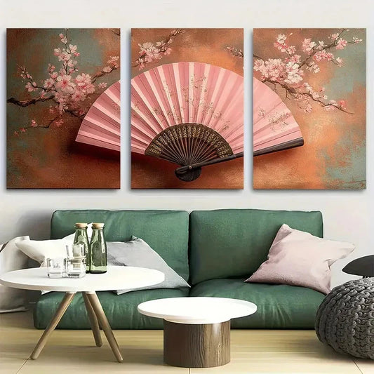 3pcs Pink Hand Fan Chinoiserie Design Metal Print Ready to Hang Art