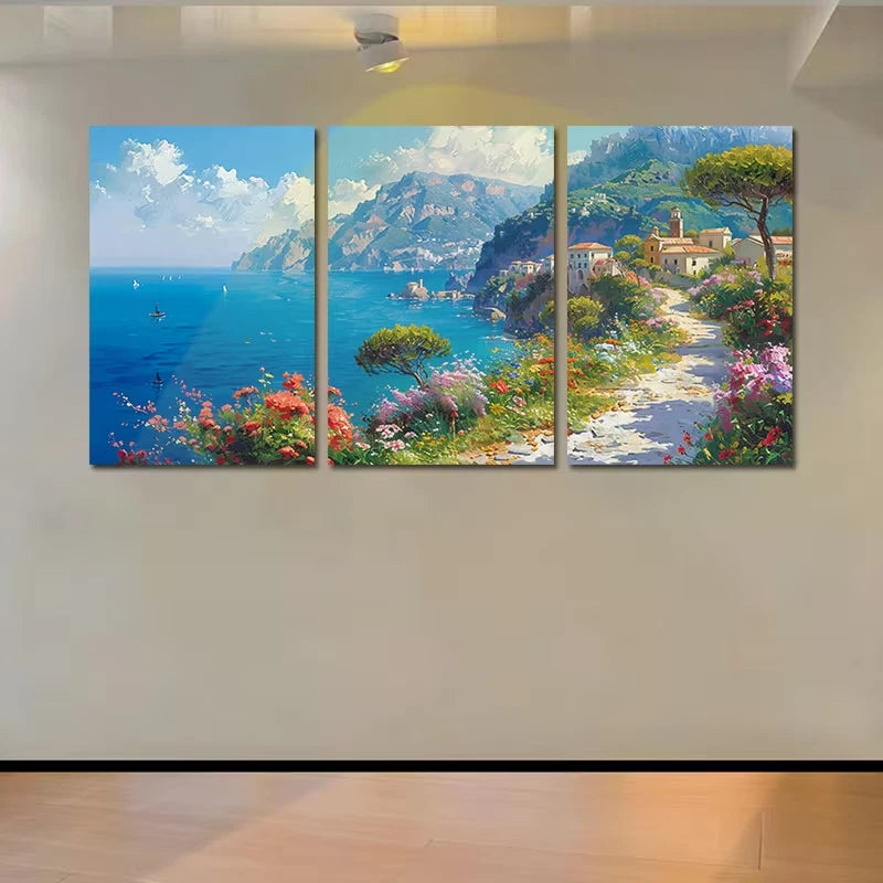 3pcs Vibrant Mediterranean Landscape with Floral Wall Art Set Canvas Framed 60x90cm - High Quality Print 100% Australian Made Wall Canvas Ready to Hang