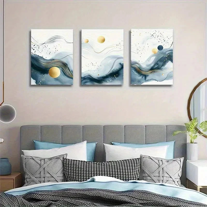 3pcs Abstract Blue and Golden Flowing Wave Metal Print Ready to Hang Art