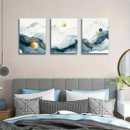 3pcs Abstract Blue and Golden Flowing Wave Metal Print Ready to Hang Art