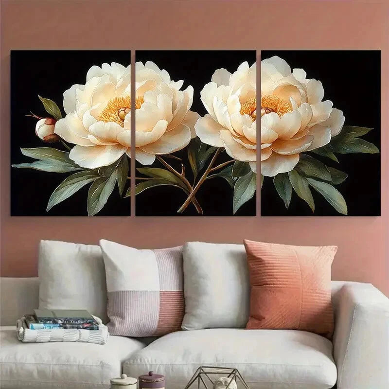 3pcs Elegant White Peony Botanical Design Metal Print Ready to Hang Art