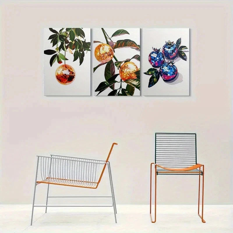 3pcs Abstract Modern Disco Ball Fruit Metal Print Ready to Hang Art