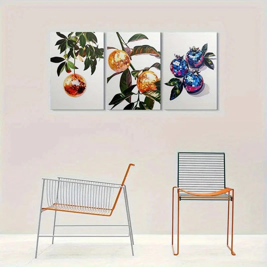 3pcs Abstract Modern Disco Ball Fruit Metal Print Ready to Hang Art