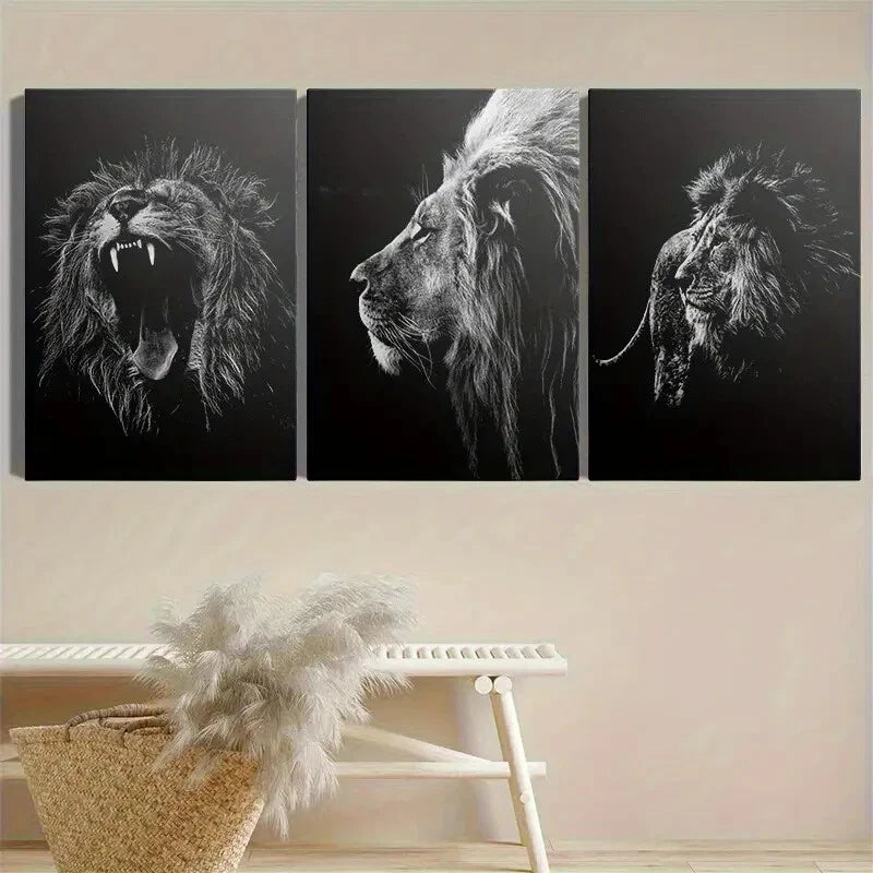 3pcs Black And White Lion Roaring Wild Animal Metal Print Ready to Hang Art