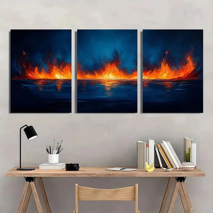 3pcs Abstract Blue & Orange Vibrant Fire Metal Print Ready to Hang Art