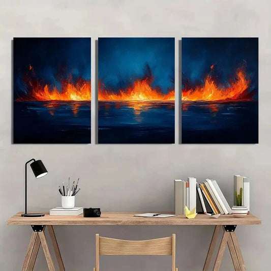 3pcs Abstract Blue & Orange Vibrant Fire Metal Print Ready to Hang Art
