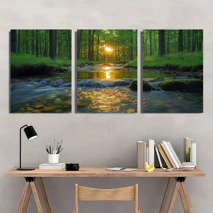 3pcs Serene Forest Sunlit Green Trees River Wall Art Set Canvas Framed 40x60cm - High Quality Print 100% Australian Made Wall Canvas Ready to Hang